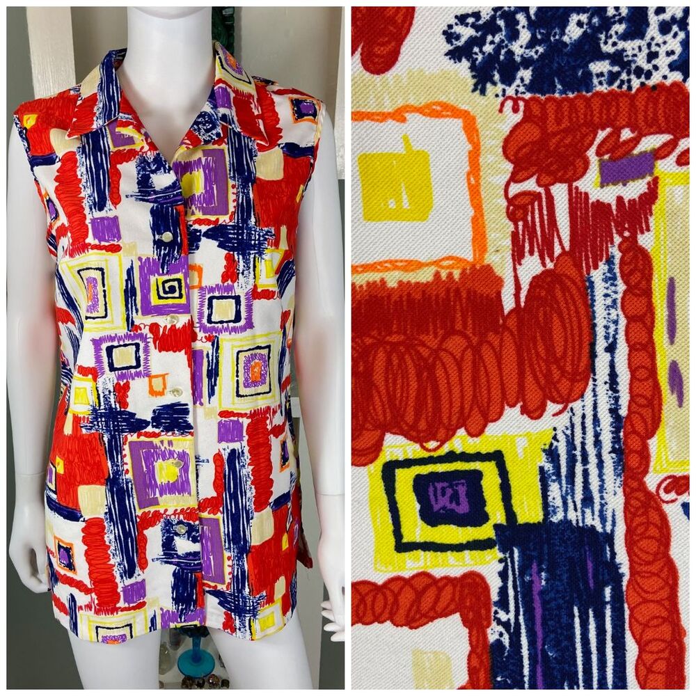 Vintage 70s 60s Sears Sleeveless Shirt Polyester Geometric Tank Top Blouse L/XL